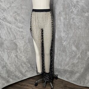 Hot & Delicious Sheer Mesh Pearl Beaded Maxi Skirt Slit Layering Festival Edgy S